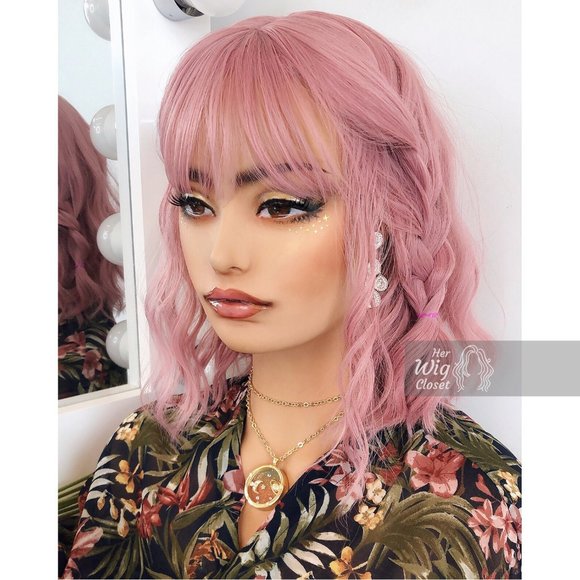 12" Dusty Rose Wavy Bob Wig with Bangs | Katy - Picture 4 of 10